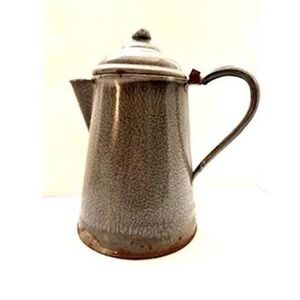 Vintage Enamelware Coffee Pot Percolator Gray Speckled Metal Spout Handle Rustic